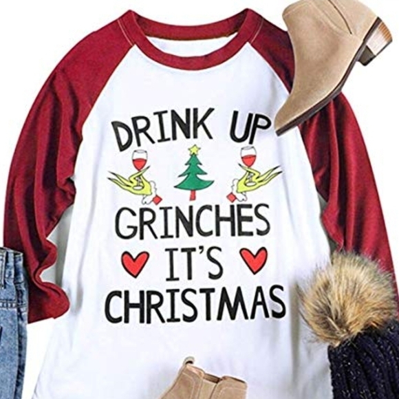 Tops - NWT Festive Red and White Christmas 'Drink Up Grinches' Holiday Seasonal Top XL